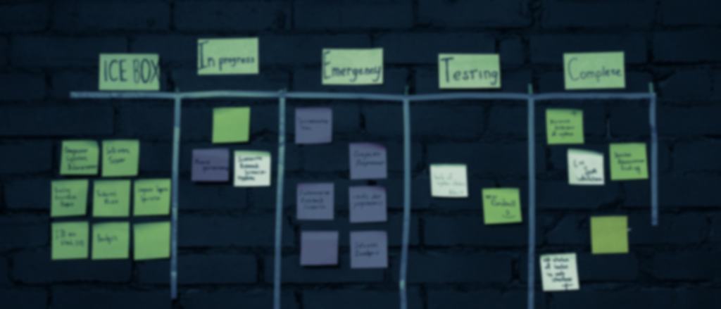 Task board with sticky notes arranged in workflow columns, from backlog through testing to complete